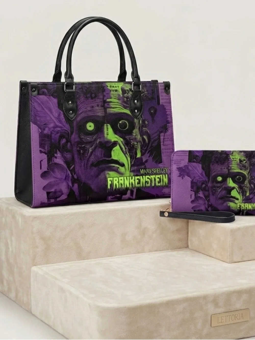 Frankenstein Graphic Tote & Wristlet in Purple & Green